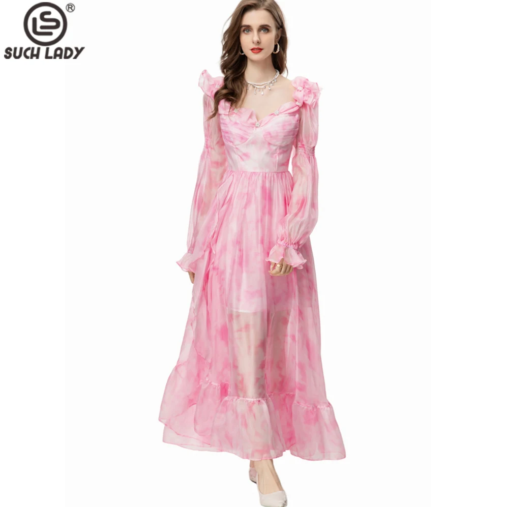 Women's Runway Dresses Scoop Neckline Long Sleeves Printed Ruffles Ruched Elegant Maxi Designer Party Vestidos