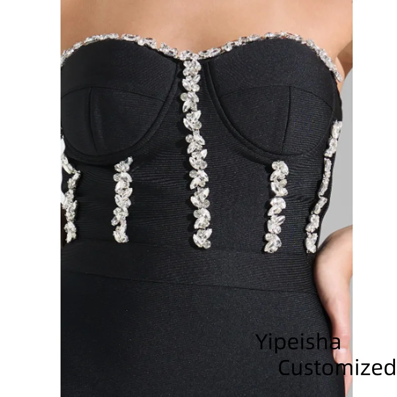 Customized Sexy Strapless Sleeveless Evening Dress Woman  Rhinestone Ball Gown Dress Rear Slit  Prom Dresses