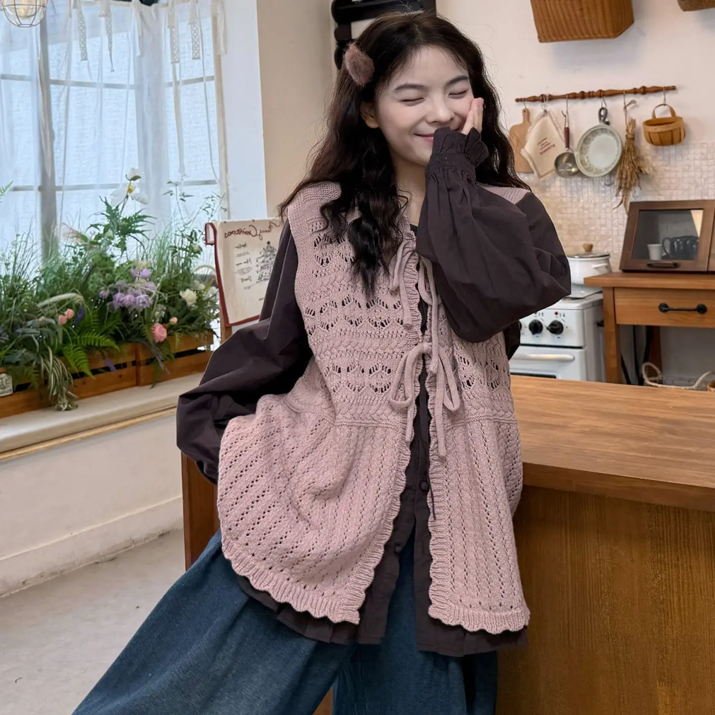 

Women Vest Lace Up Hollow Sweet Knitted Vests Outwear Korean Fashion Clothing Simple Solid Waistcoat Ropa De Mujer