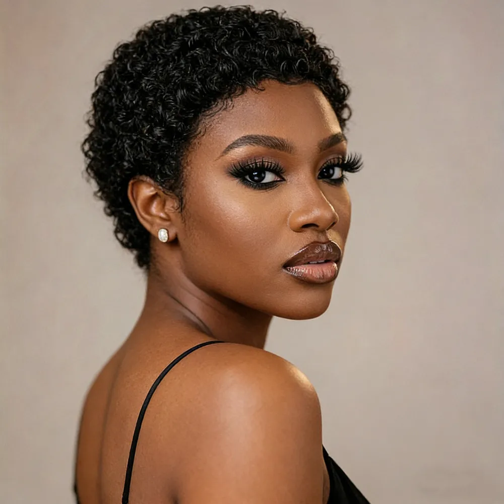 

Короткий афро-парик из натуральных кудрявых волос, 4 дюйма, черный цвет, 150% плотность, машинная работа, стрижка пикси, короткий кудрявый парик из натуральных волос.