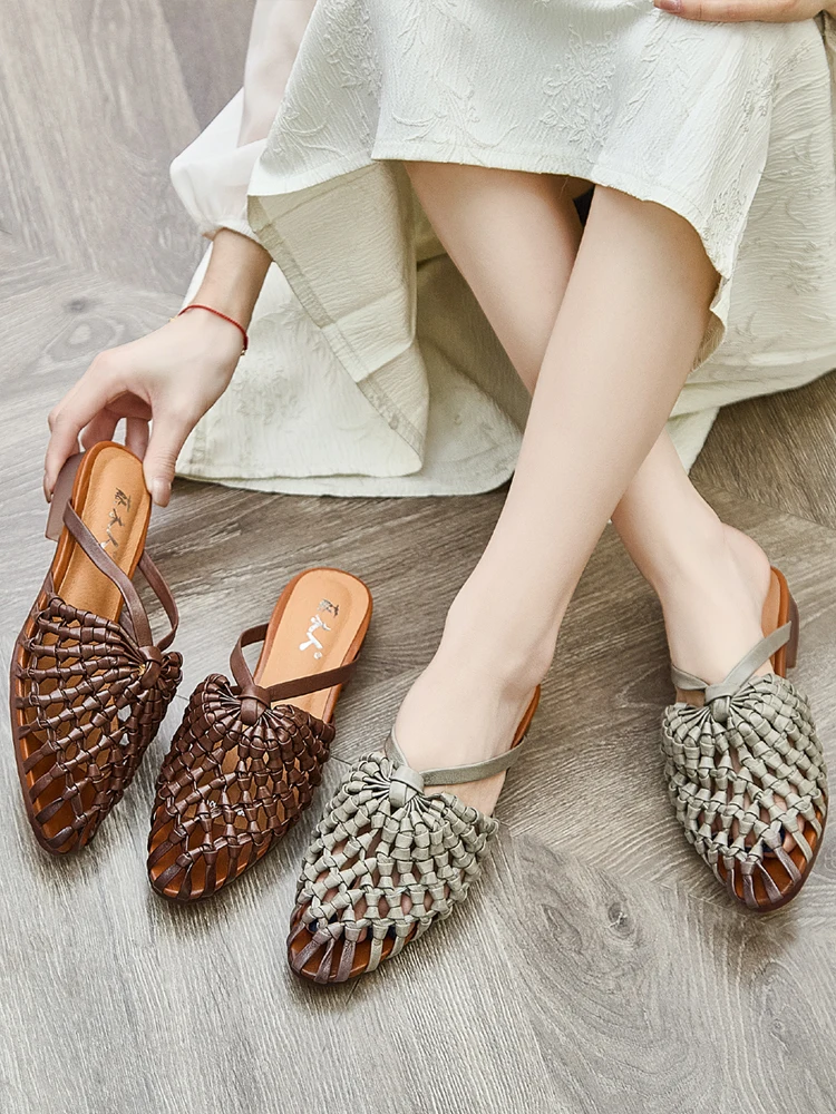 Retro Handwoven Leather Upgraded Summer Slip-On Ladies Slippers Breathable Sponge Insole Flat Heel TPR Outsole Comfortable