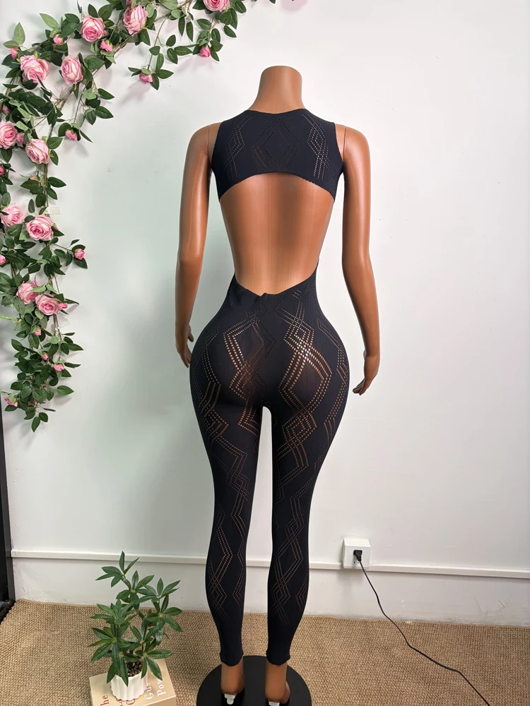 Neuer Modischer Damen Ärmelloser Nahtloser Jumpsuit mit Geometrischem Hohlmuster, Rückenfreier Bodycon Langer Jumpsuit für Nachtclub-Party-Outfit – Detail 7
