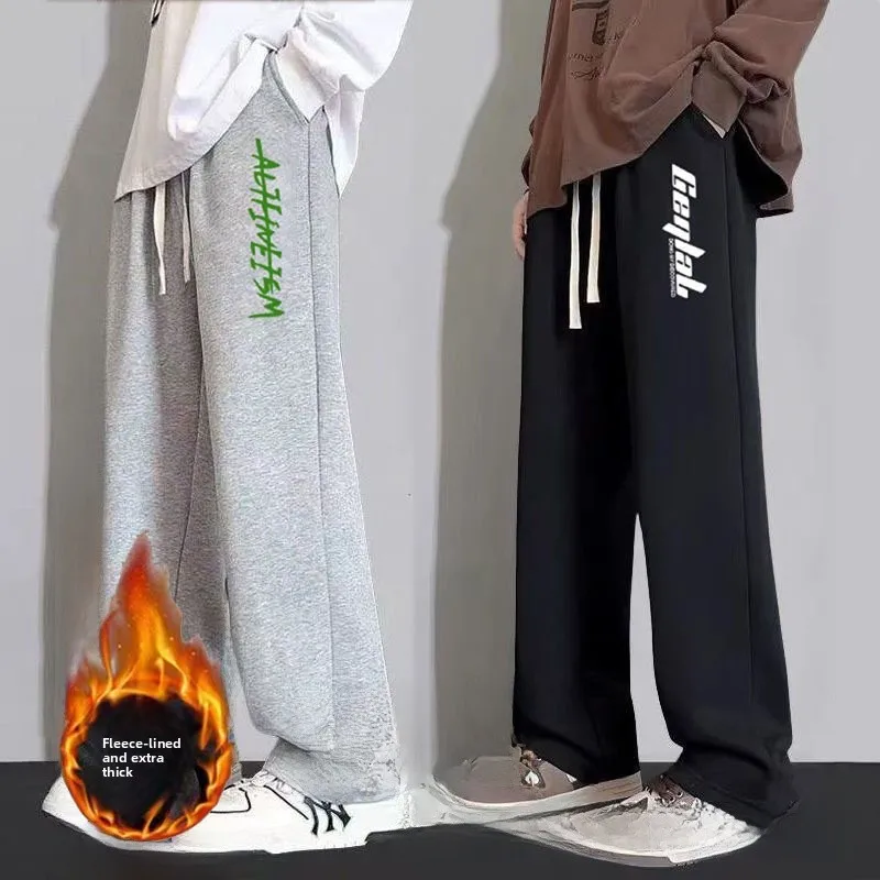 

Men's Fce Lined Straight Leg Pants Autumn Winter Faion Letter Print Spor Loose Casual Trousers Korean Sle Loose Fit
