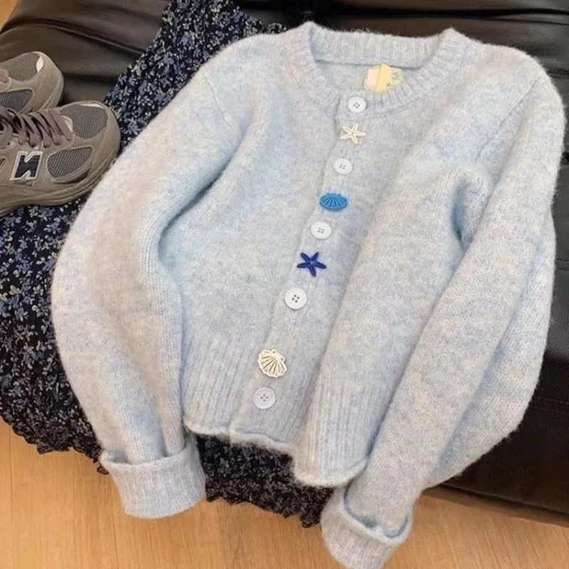 Lovely Cute Starfish Buttons Cardigan Short Jacket New Winter Autumn Coats Korean Preppy College Style Loose Sweaters Solid Blue