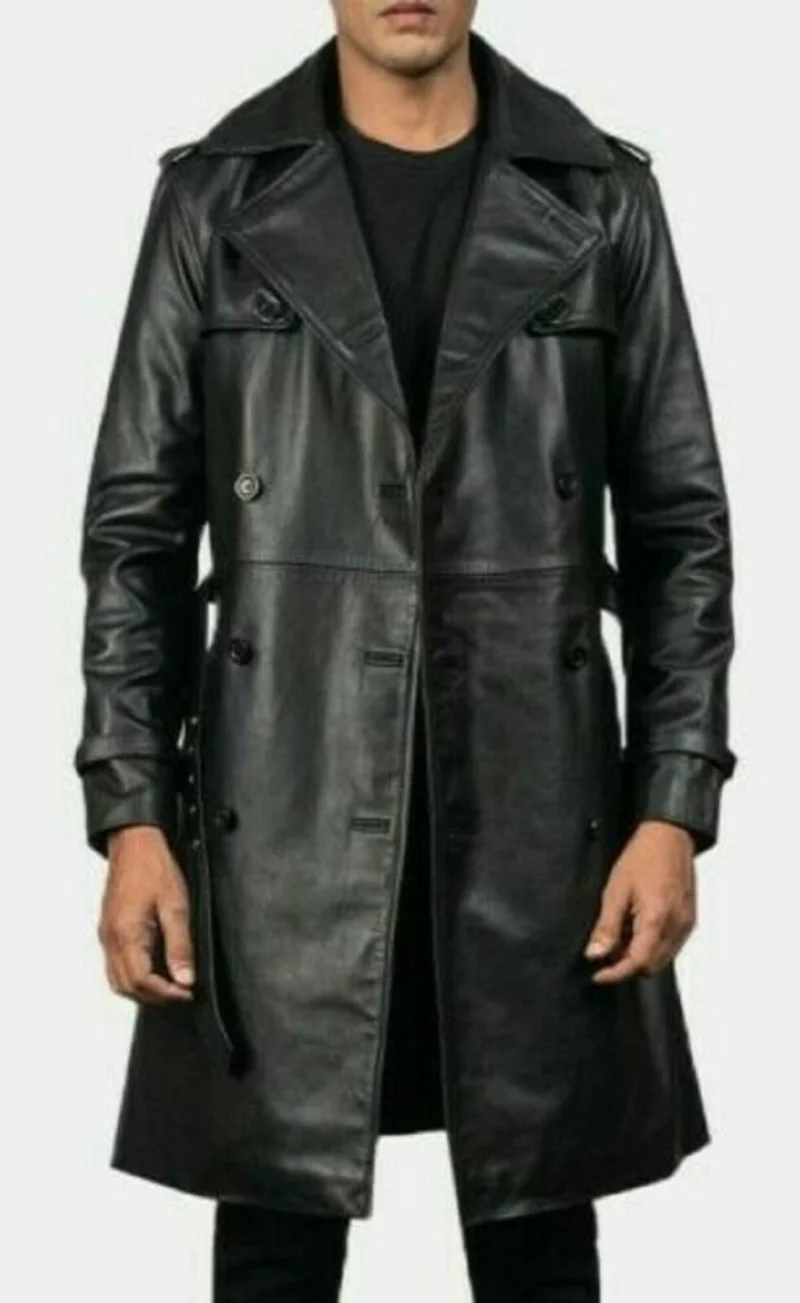 Men Leather Trench Long Coat Winter Genuine Lambskin Black Coat