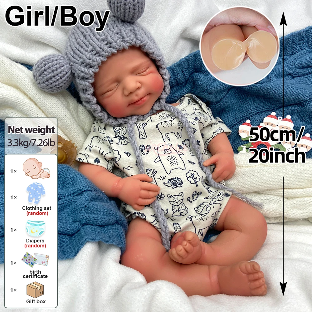 20Inch Handmade Soft Touch Silicone Reborn Baby Boy/Girl Can Use Pacifiers Exquisite Texture Details Doll for Gift Giving