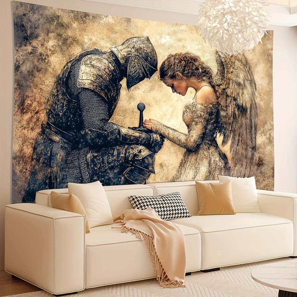 Fantasy Tapestry Wall Hanging Art Knight and Angel Decor Medieval Gothic Print for Home Ballroom Room Unique Luxury Decor
