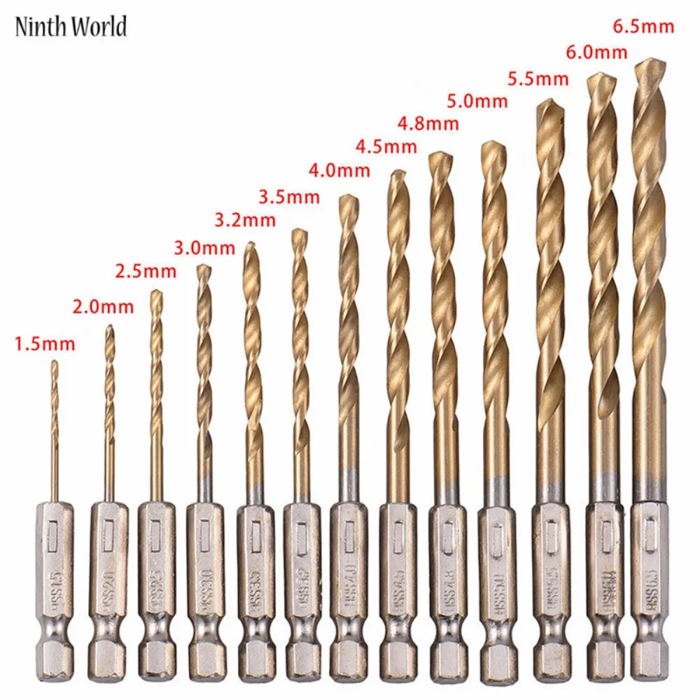 13pcs/lot High Speed Steel HSS Titanium Coated Drill Bit Set 1/4 Hex Shank 1.5-6.5mm tungsten carbide Twist drill bits