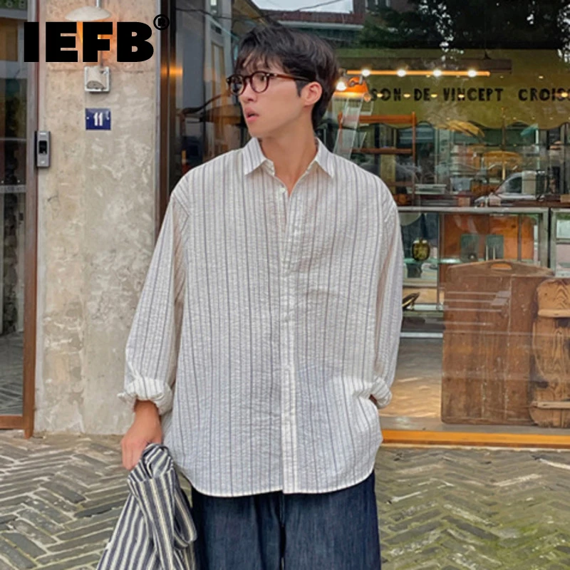 

IEFB New Fashion Male Shirts Loose Vertical Stripe Long Sleeve Lapel Casual Men's Clothing Summer Stylish 2024 Trend 9C6342