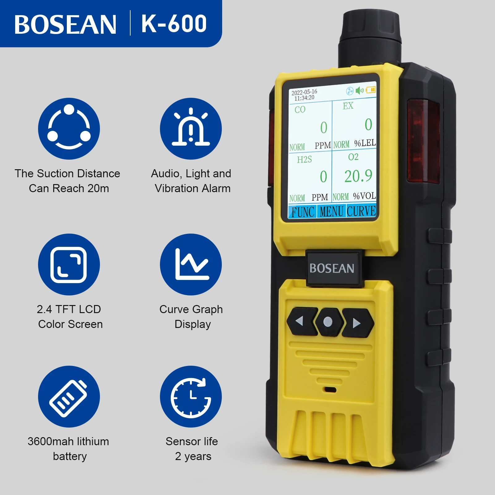 BOSEAN Pump Gas Detector 4‑in‑1 Multi‑Gas Detector EX H2S CO O2 Gas Analyzer Explosion‑proof Sound Light Vibration for Industry