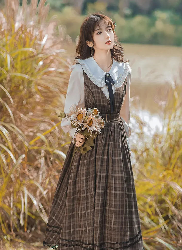 British Style Vintage Court Dress Sleeveless Plaid Lolita Sundress Sweet Mori Girl Cottagecore Women Medieval Long Midi Dress