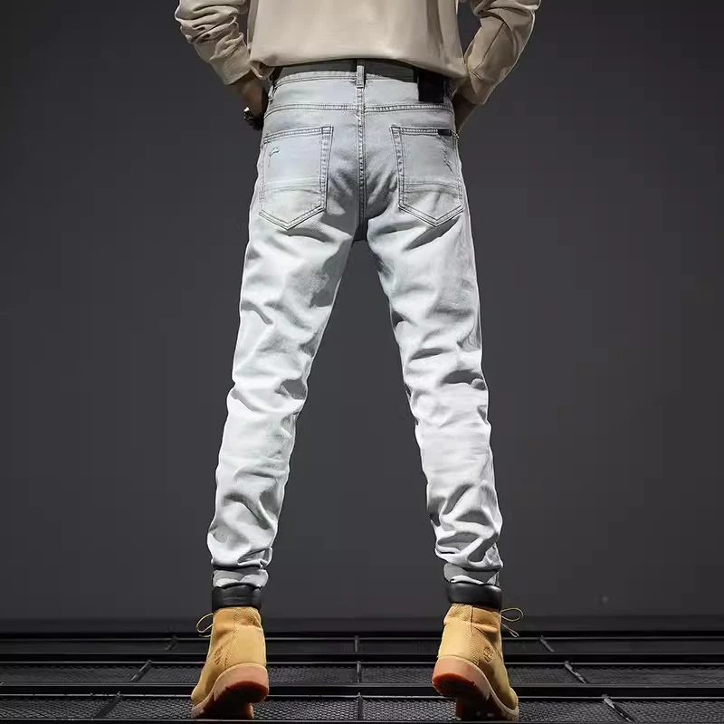 Street Fashion Men Jeans Retro Light Blue Stretch Slim Fit Hole Ripped Jeans Men Patched Designer Vintage Denim Pants Hombre