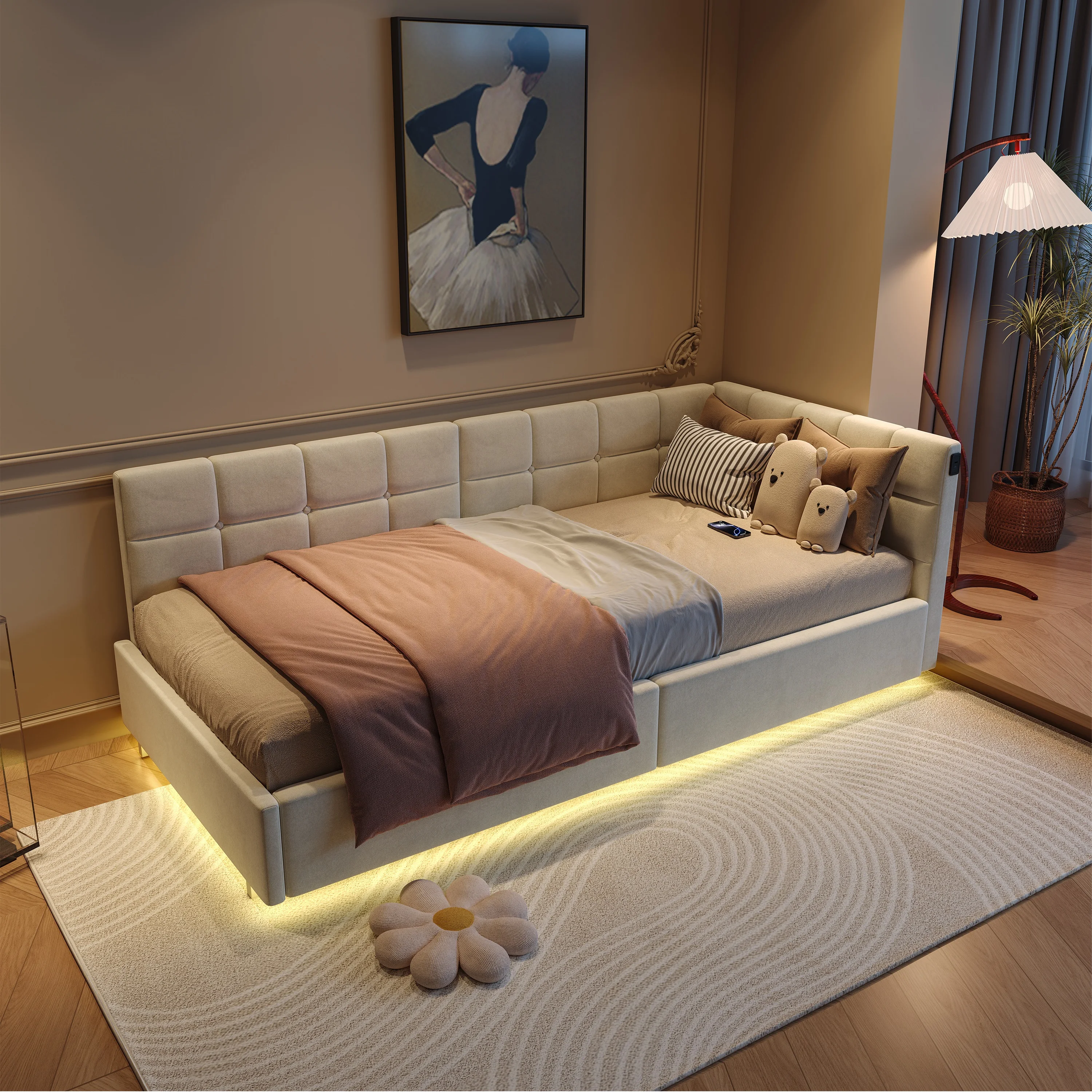Rosahqnda eenpersoonsbed 90 x 200 cm, gestoffeerde slaapbank, met LED-verlichting en USB, jeugdbed met lattenbodem, dagbed, zonder matras