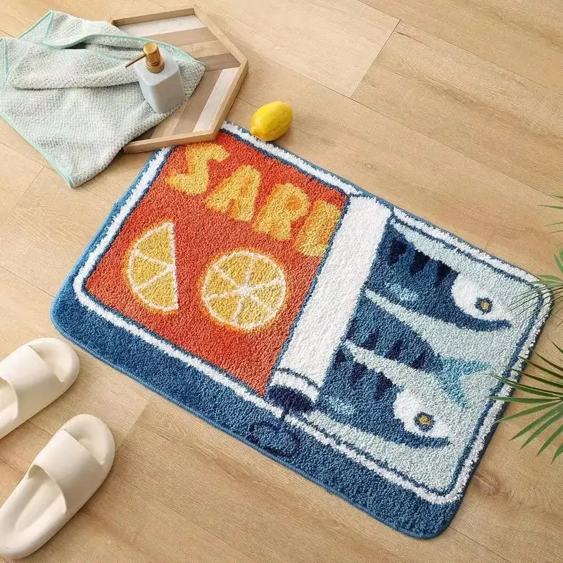 VIKAMA Sardine Can Lemon Bath Rug Vintage Fish Illustration Doormat Orange Blue Non Slip Absorbent Soft Bathroom Decor Mat