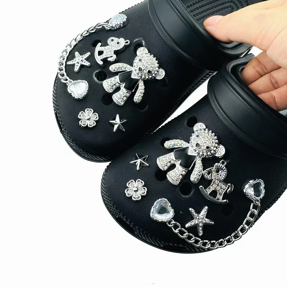 12PCS Fashion Shoe Charms Set Accessories for Sandals Clogs Shoe Buckle Silver Bear Heart Diamond Chain DIY Shoes Decorations