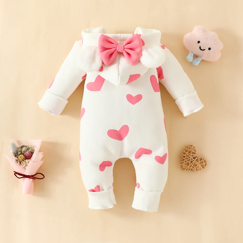 Baby Jumpsuit Newborn Infant Boys Girl Soft Warm Long Sleeve Hooded Heart/Cow Pattern Bow Zipped Romper Casual Winter Clothes