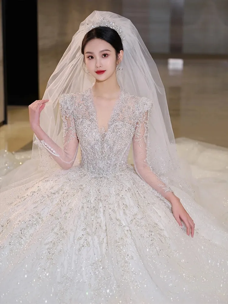 Wedding Bridal 2026 New Heavy-Duty Long-Sleeved Main Yarn Retro Large Size Pregnant Women High-End Large Tail Light