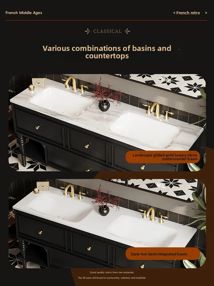 

HLZ retro rock slab hot bending integrated double basin bathroom cabinet toilet luxury stone hand wash basin