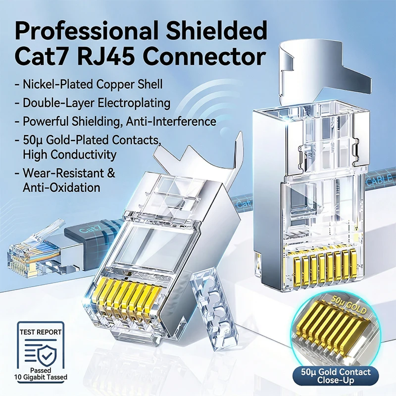 

10Pcs RJ45 Pass Through Cat7 Shielded Connector 50U Gold Plated Ethernet Modular Plug Lan Network Cable Crystal End Crimp Head