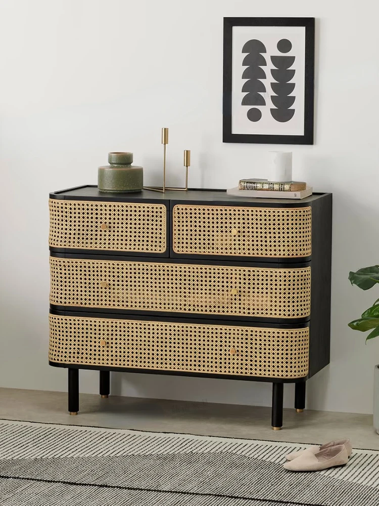 Sideboard Cabinet Teng Noodle Four-Bucket Cabinet Locker Drawer Rattan Black Storage Cabinet