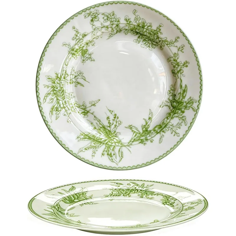Retro Flower Plate Set, High-Quality Porcelain, Green/White, 8 Inches, Dishwasher Safe, Microwave Safe, Oven Safe, Set of 2