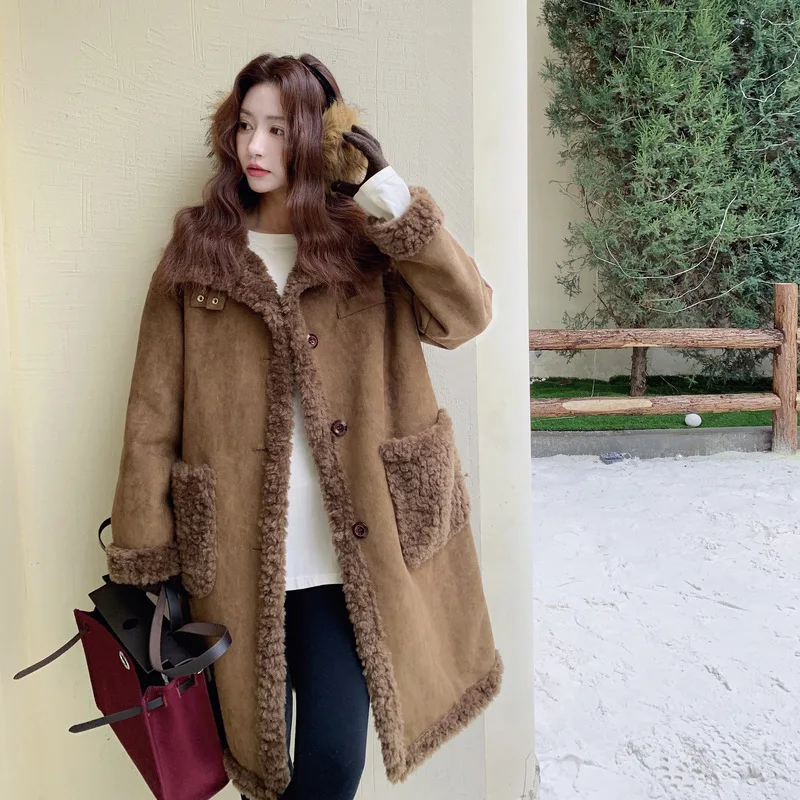 

Woman winter coats Leather Fur Women's winter down jacket long padding Lamb Wool Warm Cotton heat jacket loose top