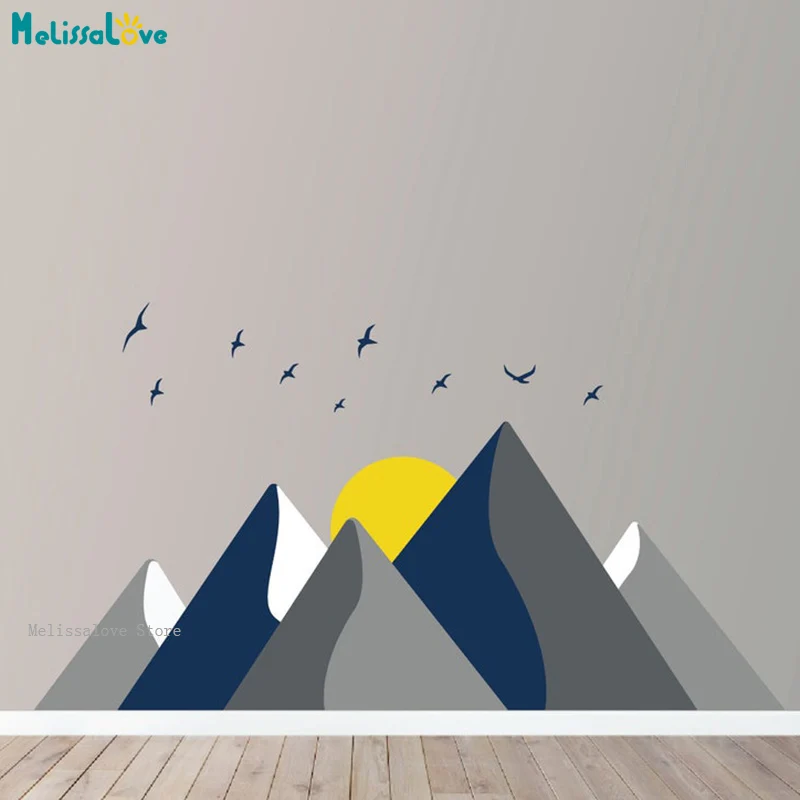 

Exquisite Colorful Mountains Wall Decals Sun With Birds Sticker Nursery Room Mountain Home Decor Kids Room Poster Vinyl YT6674