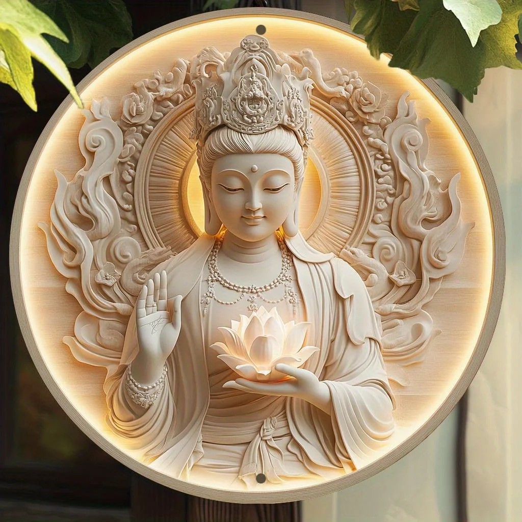 Ein rundes dekoratives Kunststück aus Aluminium um Guanyin Bodhisattva mit einem hochauflösenden 2D-Aluminiumschild. Dieser Vint