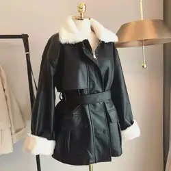 Winter Oversized Leather Jacket Women Faux Rex Rabbit Fur Inside Warm Soft Thickened Fur Lined Coat Black Leather Jackets Y191