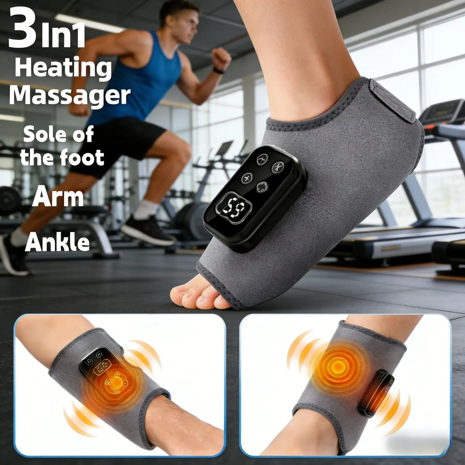 Heated Massage Wrap 3 in 1 Vibration Heat, Wearable Massager for Foot Sole Ankle Wrist with Display Timer Home