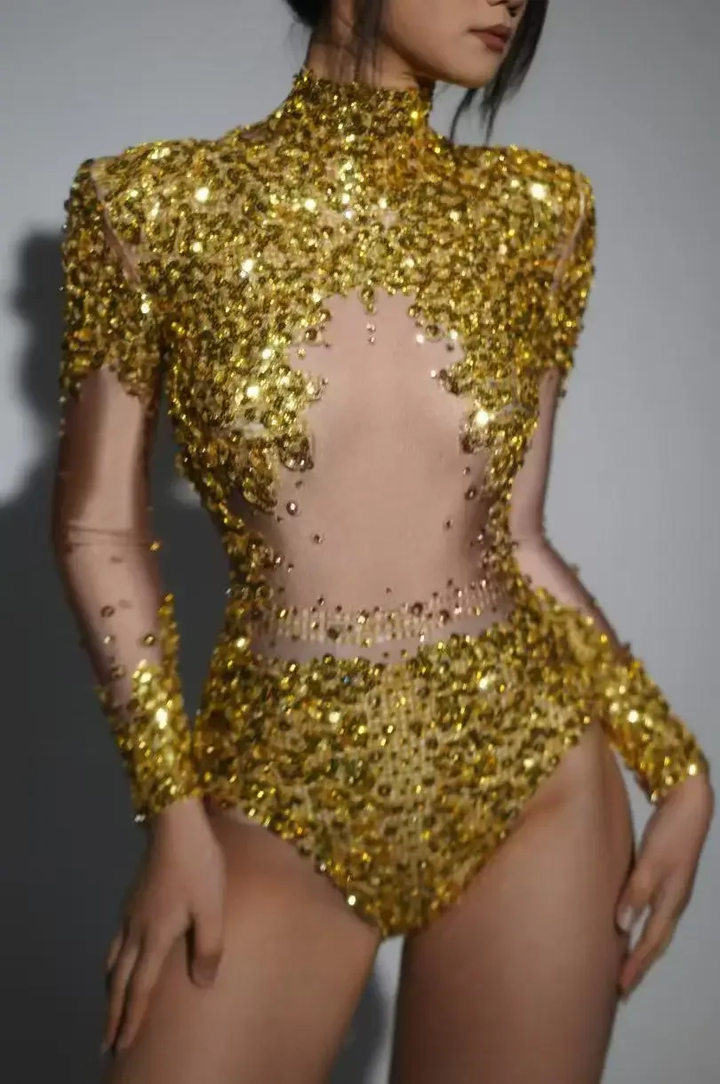 Боди с серебряными и золотыми стразами и блестками, женский сексуальный костюм для выступлений на день рождения, танцевальный костюм, певица, танцовщица, сценическая одежда