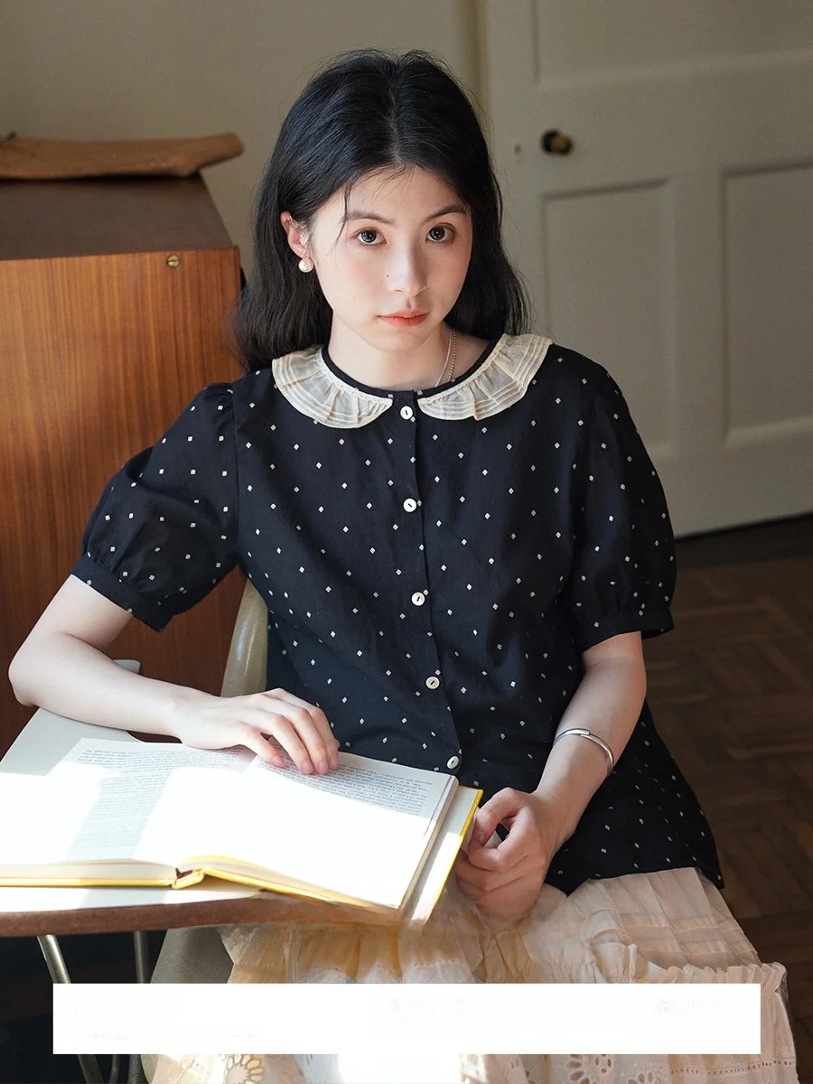 

Retro Artistic Polka Dot Ruffle Collar Bubble Sve Color Blo ort Sve irt Women Summer Six in One Cotton Linen Blend