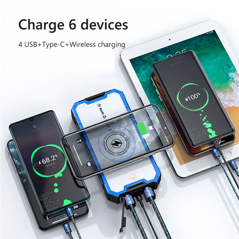 36800mAh Solar Wireless Power Bank Portable Fast Charging Powerbank Built in Cable for iPhone 15 Samsung Huawei Xiaomi Poverbank