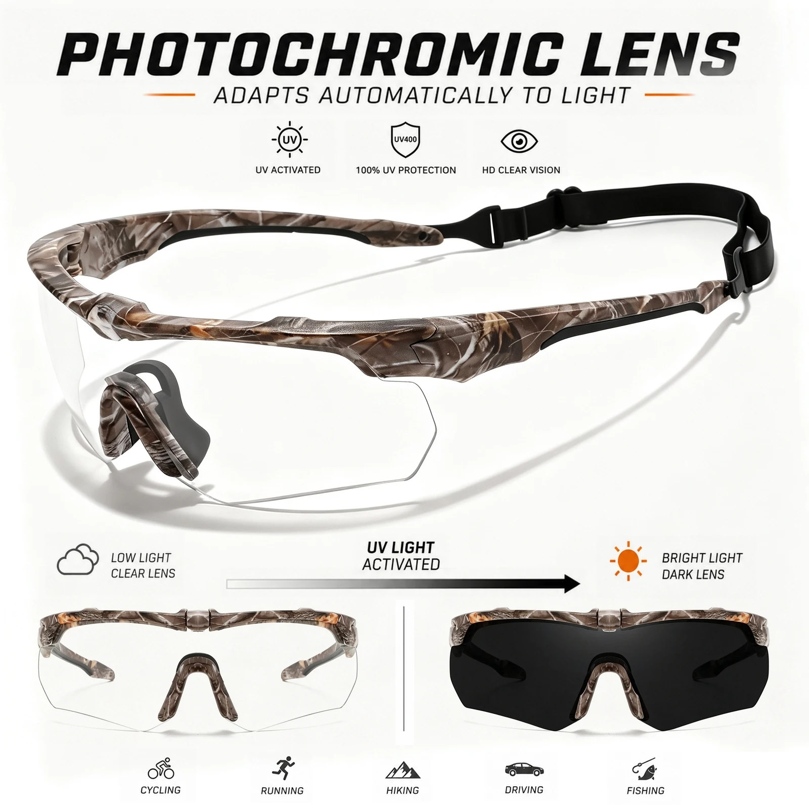 Photochrome Sport-Schutzbrille mit Rundum-Schutz, Komfortable Brille für den Täglichen Gebrauch, Motorradfahren, Jagen und Outdoor-Sport – Detail 7