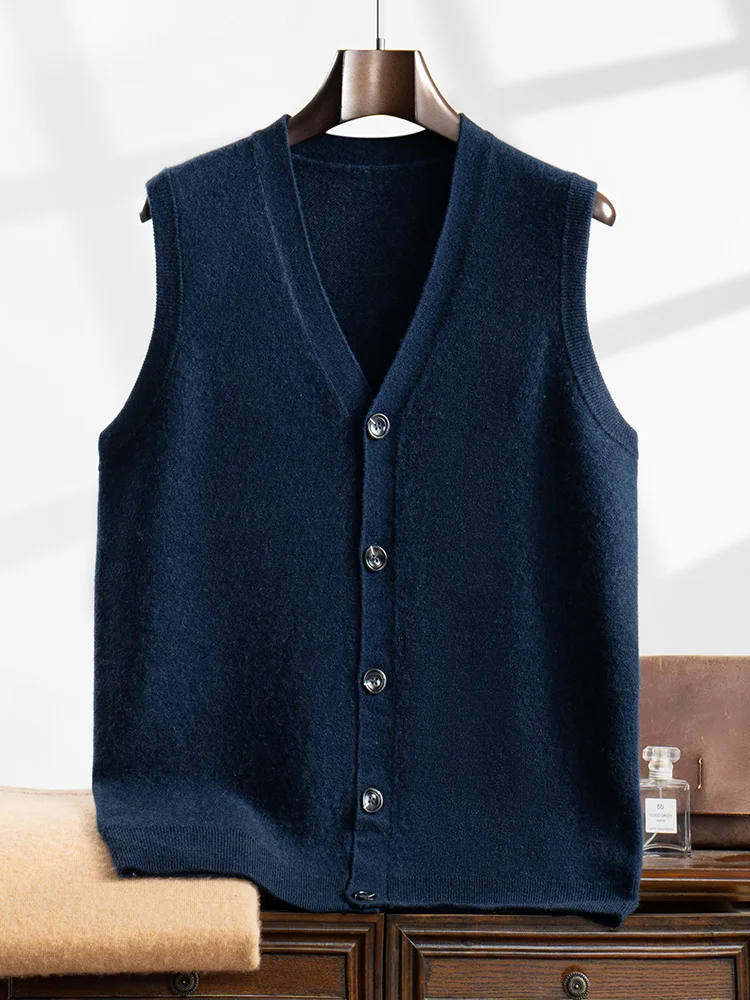 Men V-neck Cashmere Waistcoat Sleeveless Button Cardigan Sweater 100% Cashmere Knitwear Smart Casual Clothes Autumn Winter Vest