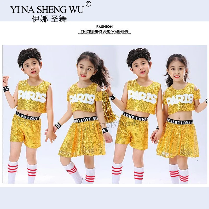 Nouveaux Costumes de danse Jazz pour enfants, ensemble haut court et jupe/short à paillettes pour garçons et filles, tenues de scène de danse de rue moderne Hip Hop