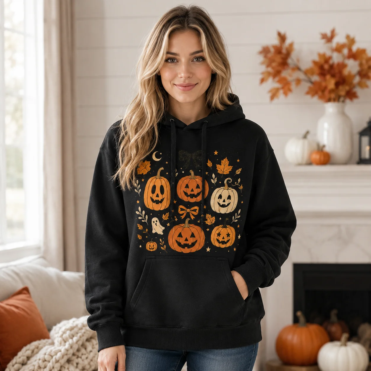 Women Cute Fall Halloween Hoodie Sweatshirt Jack‑O‑Lantern Pumpkin Ghost Maple Leaf Print Sweater Pullover Spooky‑Season Hooded