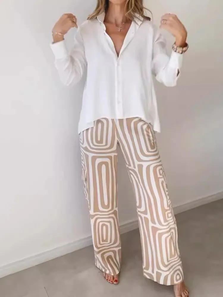 Elegant Shirt Print Trousers Suits For Women Casual Lapel Tops Belt Wide Leg Pants Sets 2024 New Lady 2 Piece Set Vacation Suits