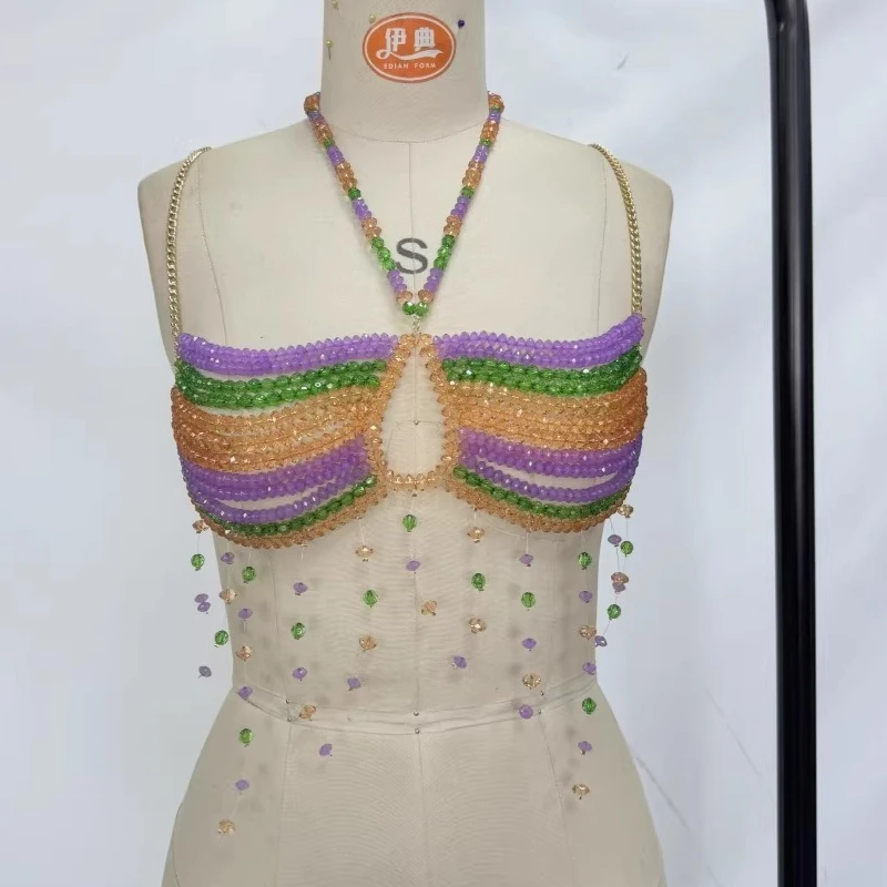 Mixed Color Acrylic Crystal Beading Bra Chain Bikini Breast Tops Beach Night Clubwear Sexy Backless Camis Dance Party Body Chain