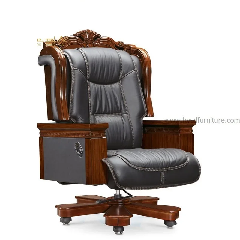 Luxury Black Genuine Leather Office Executive Boss Chairs With Teak Wood Armrest(HY-A010)