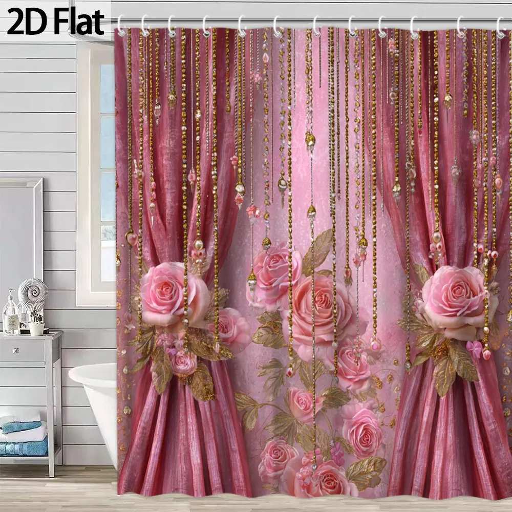 Elegant Pink Rose Shower Curtain with Gold Tassel Trim Bathroom Shower Curtain Waterproof Curtain Liner
