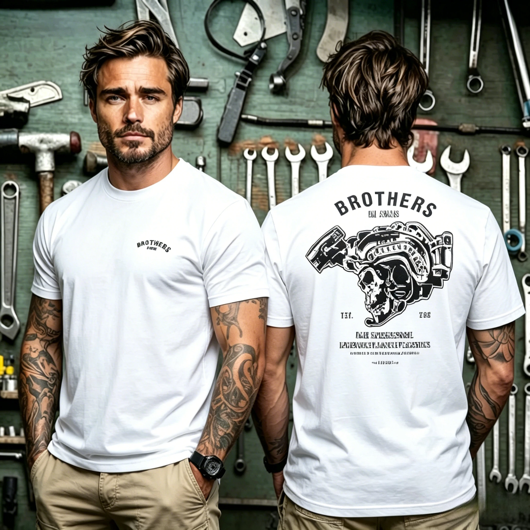 Vintage Skeleton Graphic Cotton T Shirt Brothers in Arms Mechanic Print Tee Retro Streetwear Casual Unisex Daily Top