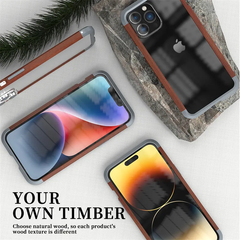 R-just Wood Metal Phone Case For Iphone 15 14 13 12 Pro Max Luxury Aluminum Slim Natural Wood Bumper For Iphone 16 Plus Cover