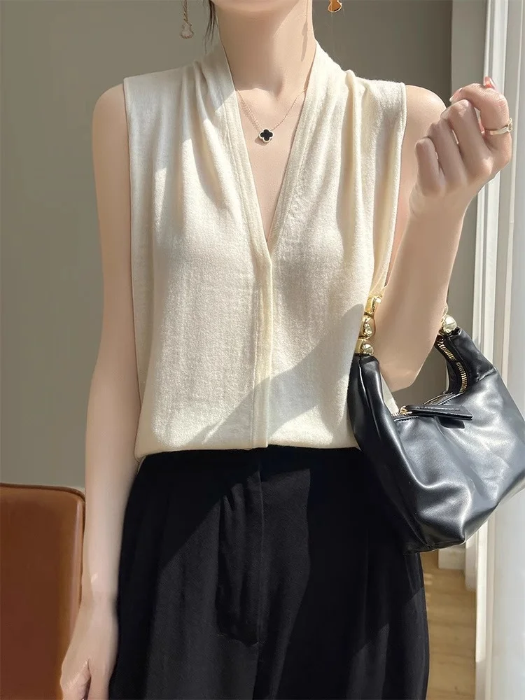 

Ele V-Ne Svel Knitted Vest Women's Summer Thin Spun Wool Ne Hanging Sle Small irt Comfortable Loose Fit