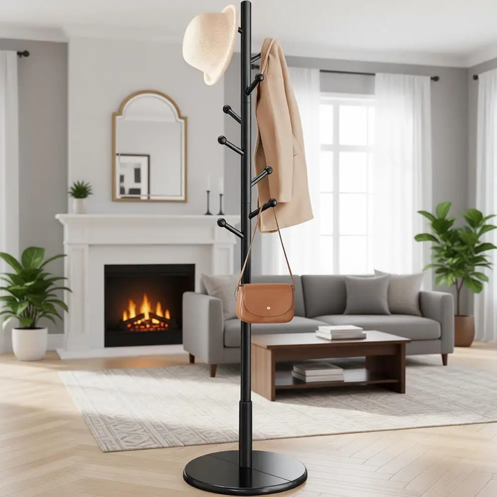 

Freestanding Wooden Coat Rack with 8 Hooks, Adjustable Height, for Coats, Hats, Bags, Suitable for Entryway or Hallway