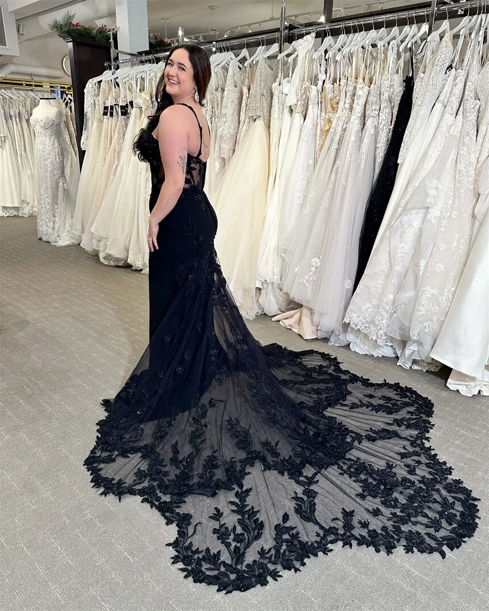 Cathy Black Heart Shaped Neck Tulle Prom Dress 2024 Lace Embroidery Mermaid Vestidos De Fiesta Elegant Long Tail Graduation Ball