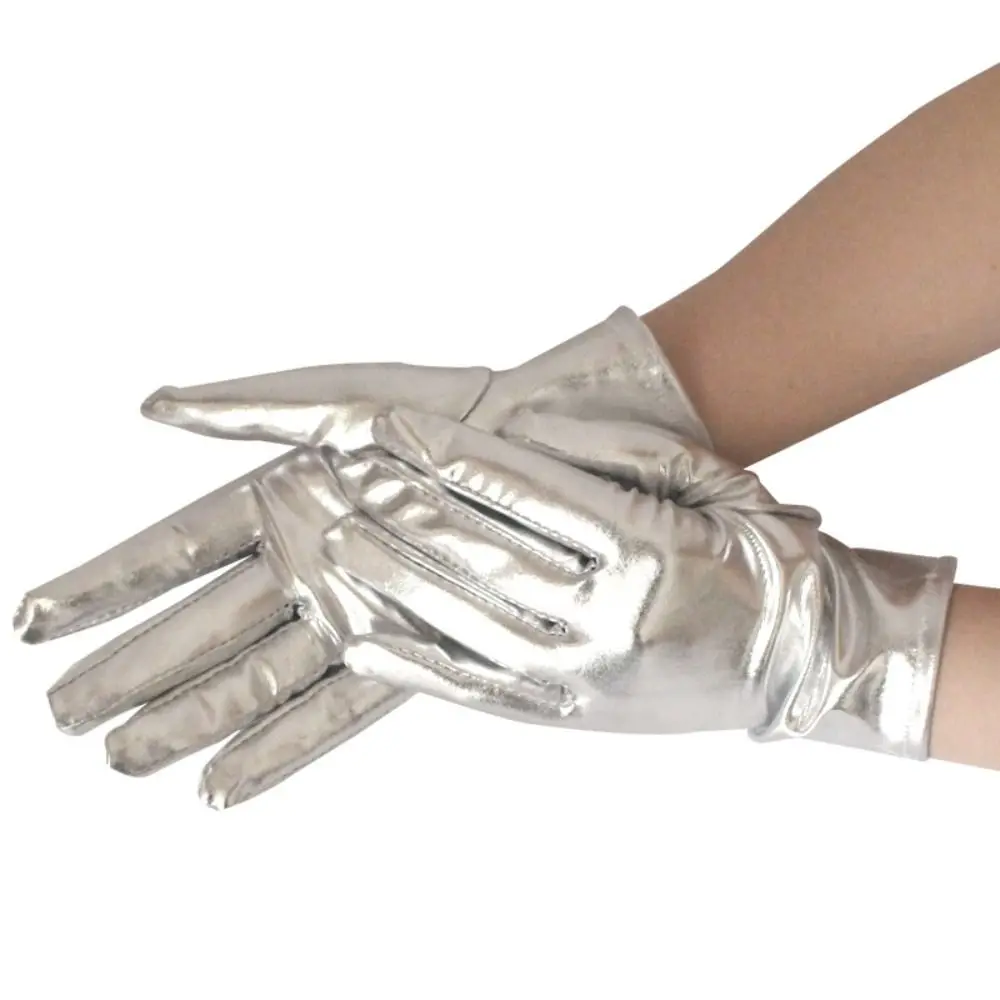 Gothic Shiny Bright Leather Gloves Long/Short Stage Performances Etiquette Gloves Gold Silver Color Punk Mittens Halloween