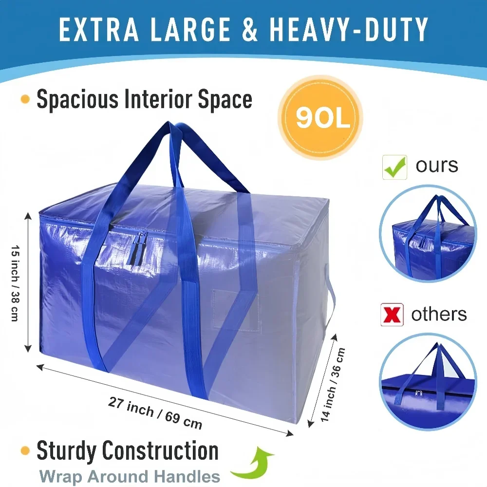 أكياس متحركة كبيرة سعة 90 لترًا أكياس تخزين قابلة للطي سميكة للغاية للملابس، حقيبة ملابس مقاومة للماء والغبار لحافات البطانيات #3