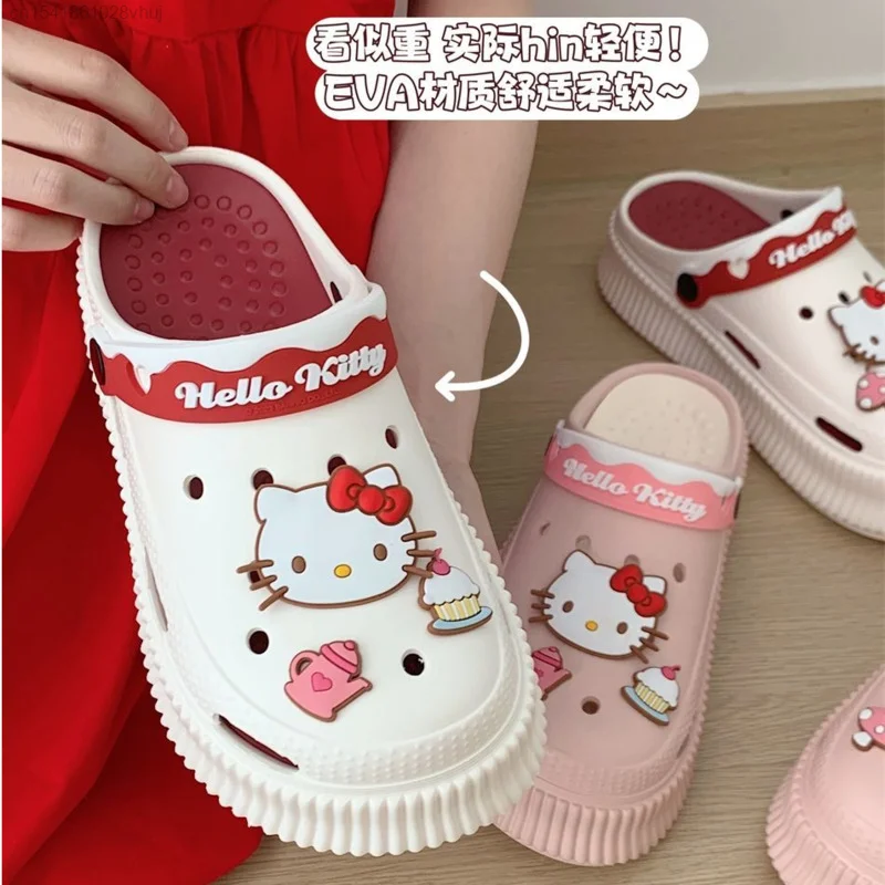 Sanrio Cute Hello Kitty EVA Hole Shoes Women Summer Outdoor Anti Slip Thick Bottom Beach Slippers Lolita Y2k Girls Charms Shoes