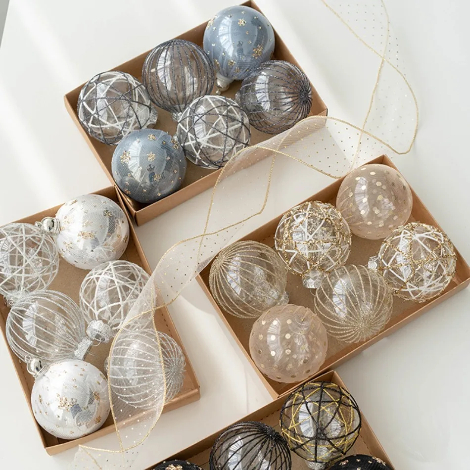 8cm Christmas Ball Ornament Gift Box Set Gold Silver Champagne Glitter Wire Wrapped Baubles Xmas Tree Hanging Photography Prop